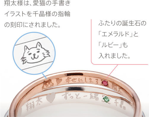 翔太様は、愛猫の手書きイラストを千晶様の指輪の刻印にされました。ふたりの誕生石の「エメラルド」と「ルビー」も入れました。